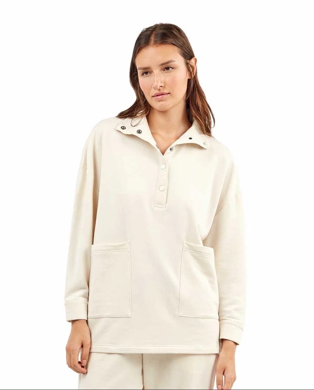 Varley Meredith Longline Henley Pullover in Egret Casual Loungewear Oversized